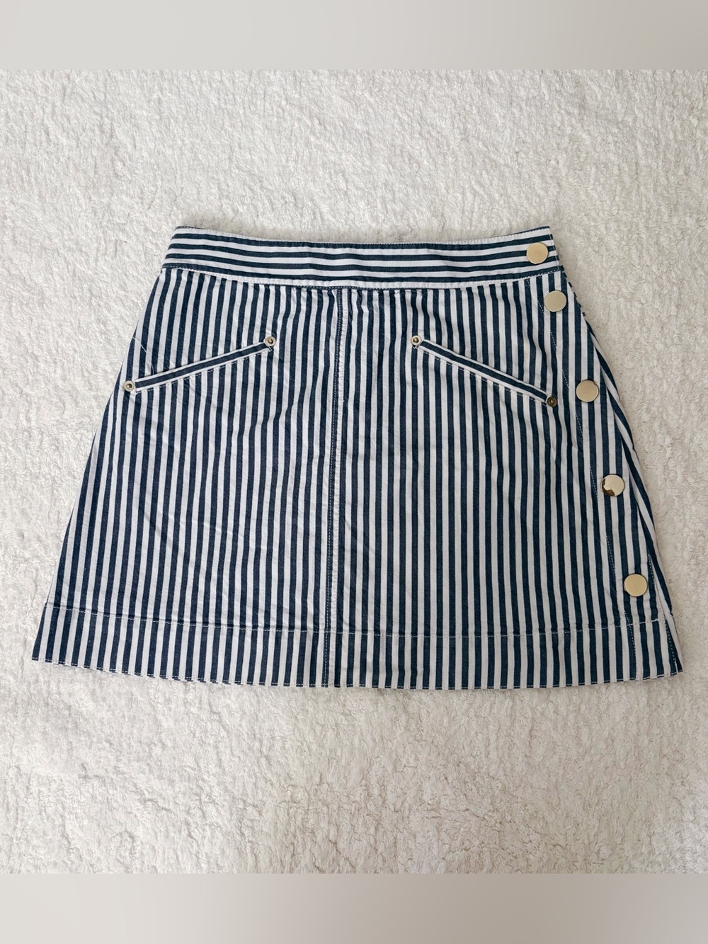 DEREK LAM 10 CROSBY Gray White Striped Snap Button Mini Skirt Pockets S W28